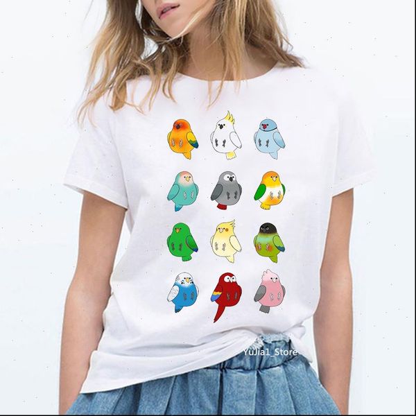 

lovely rainbow women t shirt birds cockatiel parrot graphic summer white short sleeve cute female clothes