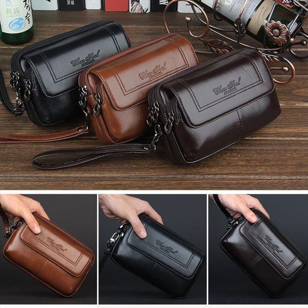 

genuine leather men cell mobile phone case bag fashion trend clutch wrist hand bags fanny belt purse pouch waist pack