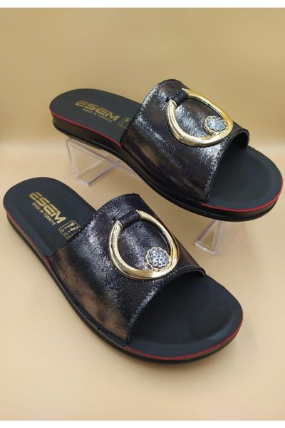 

slippers women's black buckled silvery casual outsole