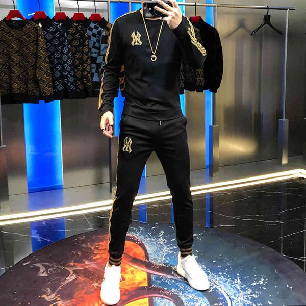 

hoodies korean suit fall fashion gold side stripe seam embroidered male, Black