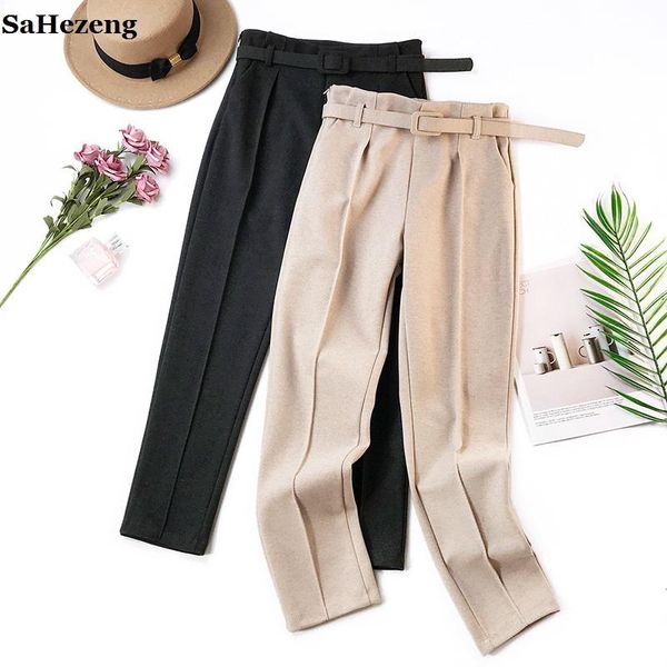 

women's pants & capris woolen with belt 2021 autumn winter women warm trousers elastic waist pantalon femme casual female solid loose p, Black;white