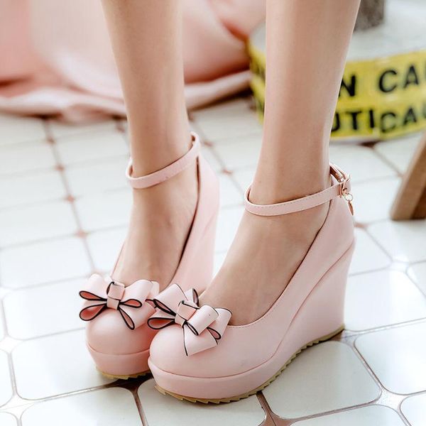 

dress shoes women high heels mary jane platform pumps ankle strap buckle bowknot wedge sandals 2022, Black