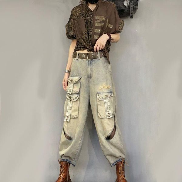 

women's jeans 2021 arrival summer women loose casual button waist ankle-length pants pocket patchwork cotton denim harem p53, Blue