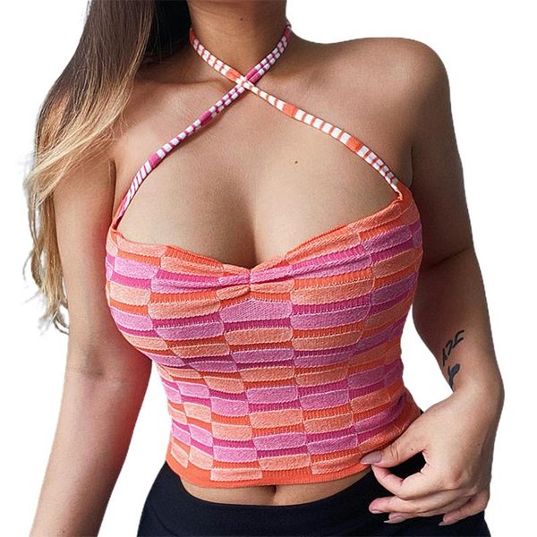 

women's tanks & camis sling patchwork crochet tank vest vests coat sleeveless cross halter color matching ins street wear camisole, White