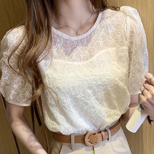 

women's blouses & shirts blusas summer blouse women short sleeve o-neck lace shirt mujer de moda 2021 femme e945, White