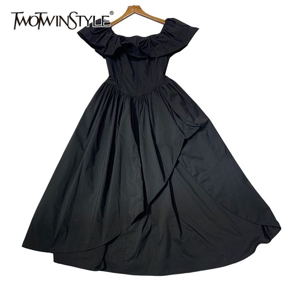 

black split dress for women slash neck short sleeve high waist elegant solid dresses female fashion clothing 210520, Black;gray