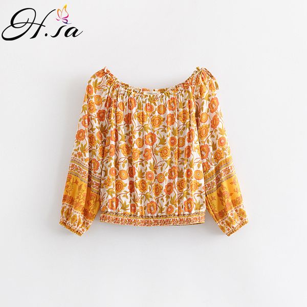 

h.sa summer and slash neck floral chiffon blouse long sleeve yellow tunic blusas vintage women 210417, White