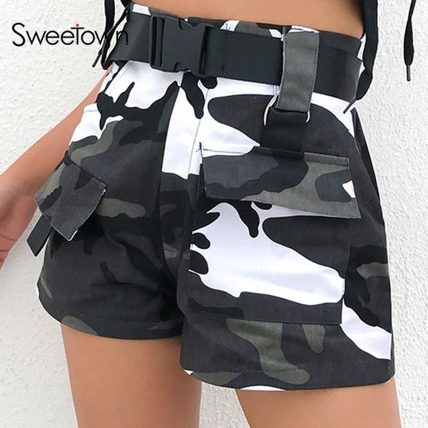 

casual camouflage cargo shorts women summer 2021 chic belt with buckle pockets design zipper high waist straight women's, White;black