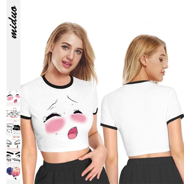 

crying eyes digital printing trendy fashion summer slim short sleeve bare navel women's t-shirt, White