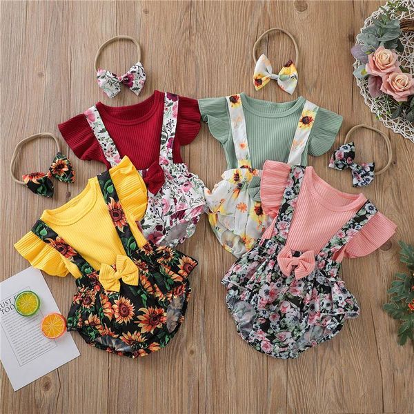 

clothing sets 2021 3pcs born baby girls cotton clothes sets,children girl solid color sleeve t-shirt and suspender shorts with headband, White