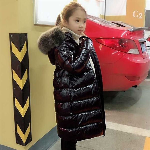 

85-150 cm girls boys winter shinning long down baby kids children thick warm real fur hooded coat outer wear 211027, Blue;gray