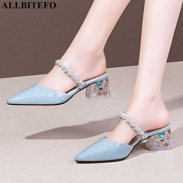 

allbitefo size:34-42 color diamond heels genuine leather thick heels wedding women shoes summer women slippers women sandals 210611, Black