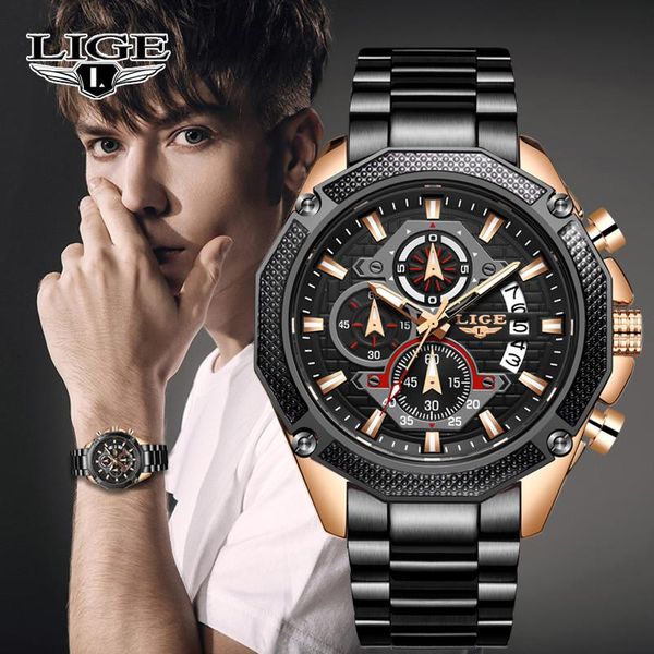 

wristwatches 2021lige men's watch all steel chronograph quartz military sports waterproof black relogio ma, Slivery;brown