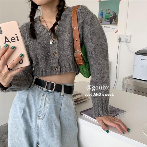

women's knits & tees fafa twist short sweater autumn 2021 wear loose long sleeve v-neck cardigan coat, White