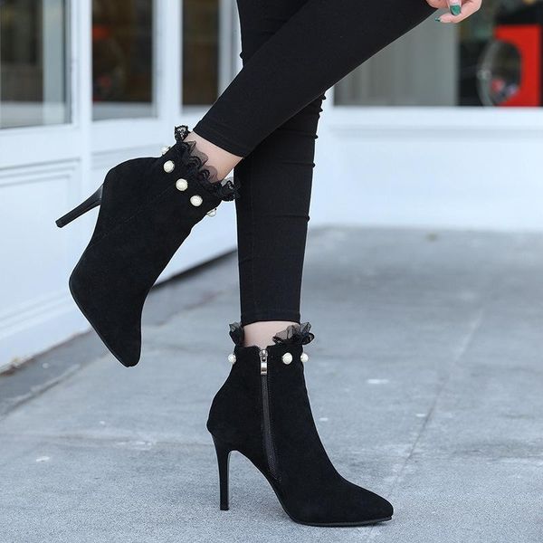 

slippers women pointed toe pearl zip ankle boots lace pump thin high heels female autumn winter ladies flock elegant, Black