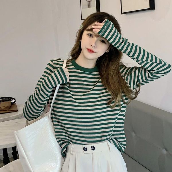 

striped long-sleeved t-shirt women's spring autumn thin models with bottoming shirts 2021 online celebrity loose clothes, White