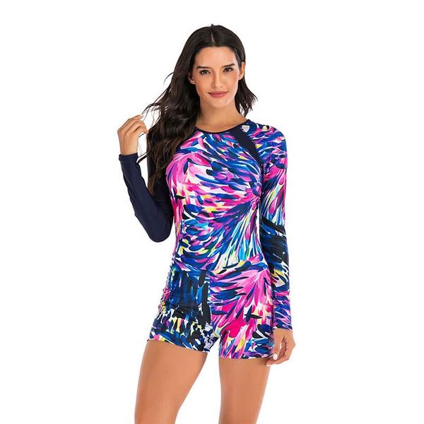 

women swimsuit sun protection long sleeve rash guard wetsuit one piece floral printed swimwear 7791 two-piece suits