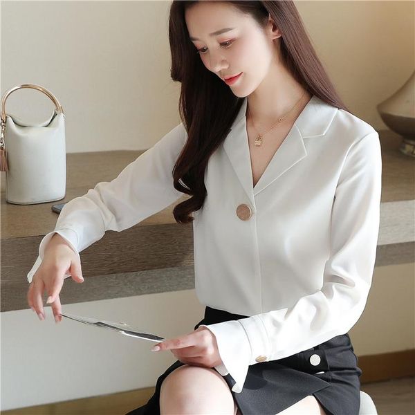 

women's blouses & shirts blouse women autumn 2021 office lady korea style full sleeve solid straight v-neck blusas womens and, White