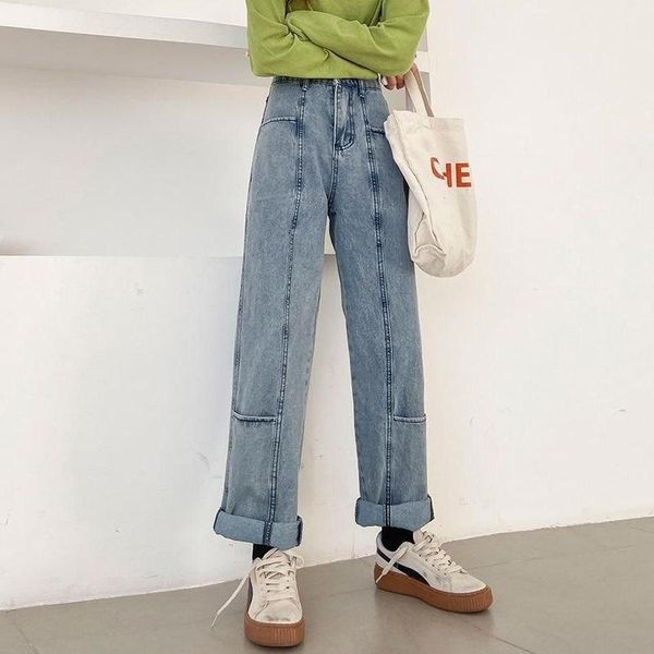 

women's jeans non-real autumn and winter straight retro high waist wide, Blue