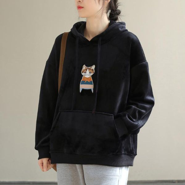 

women's hoodies & sweatshirts johnature leisure embroidery cat golden velvet casual hooded plush warm sweatshirt 2021 winter retro pull, Black