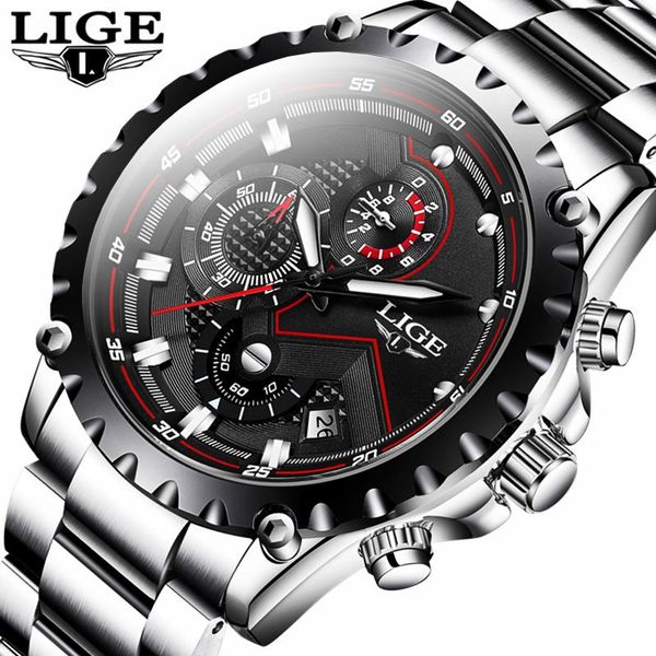 

wristwatches lige business mens watches full steel waterproof clock male sport chronograph watch for men quartz relogio masculino+box, Slivery;brown