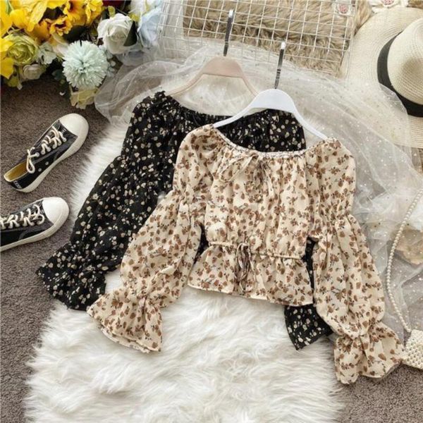 

women's blouses & shirts pleated square neck floral chiffon shirt sweet short flared sleeve long, White