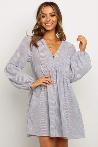 

casual dresses 2021 women dress cotton thin buckle v-neck knee-length long sleeve striped a-line, Black;gray