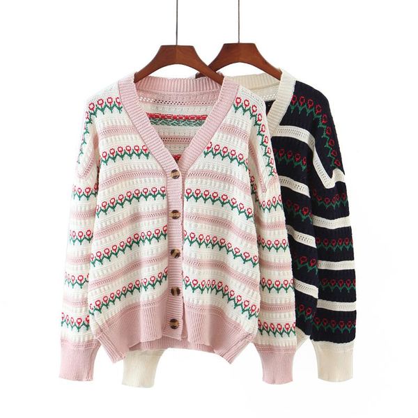 

women's knits & tees sweet sweater coat loose 2021 autumn and winter striped jacquard knit cardigan women, White