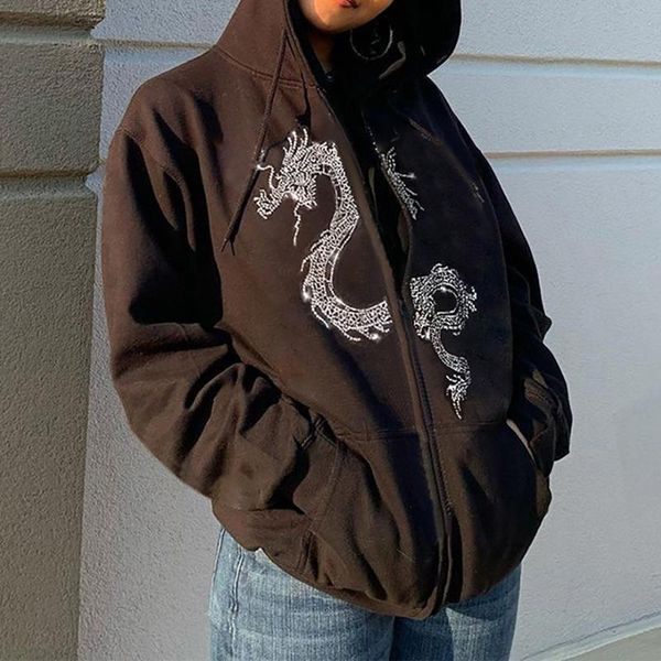 

women's hoodies & sweatshirts 2021 y2k autumn long sleeve women dragon diamond zip up sweatshirt winter hood pullovers harajuku streetw, Black