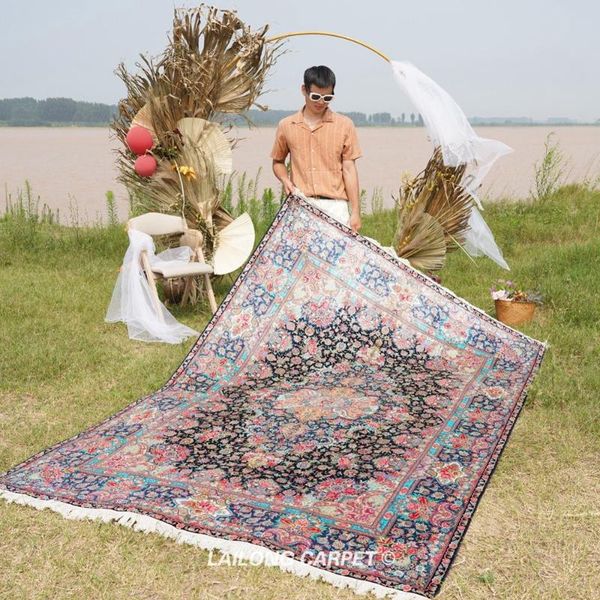 

carpets 6'x9' handwoven silk blue medallion flowers sofa area rug (zsh005a)