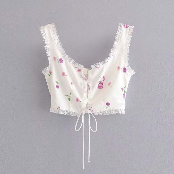 

sweet chic floral print lace bow lace-up cropped blouses women fashion backless strap shirts cute girls streetwear women's &, White