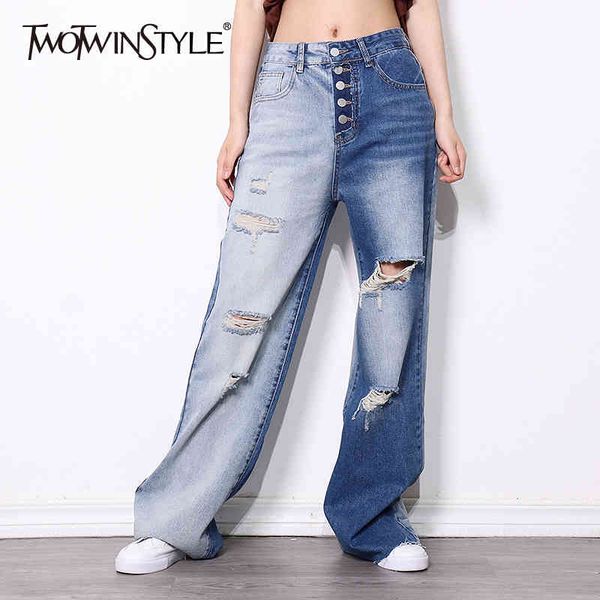 

hit color vintage denim trousers for women high waist patchwork hole straight casual jeans female spring style 210428, Blue