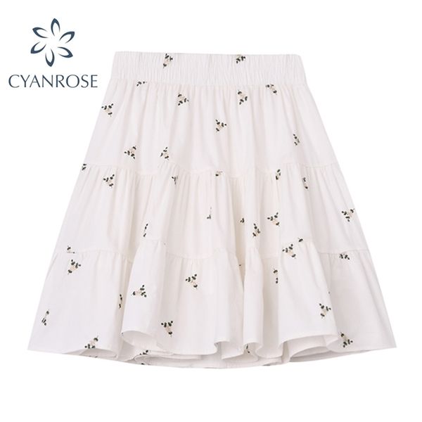 

flower printed cotton skirts vintage white skirt casual loose sweet eiastic waist summer fashion office female 210515, Black