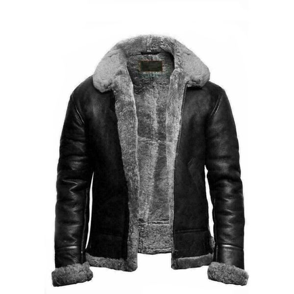 Stile Wintermäntel Männer Dickes Kunstleder Fell Schaffell Mantel Pelz Lederjacke Reißverschluss Fliegengürtel mit Hut Männlich Plus Size Aviator