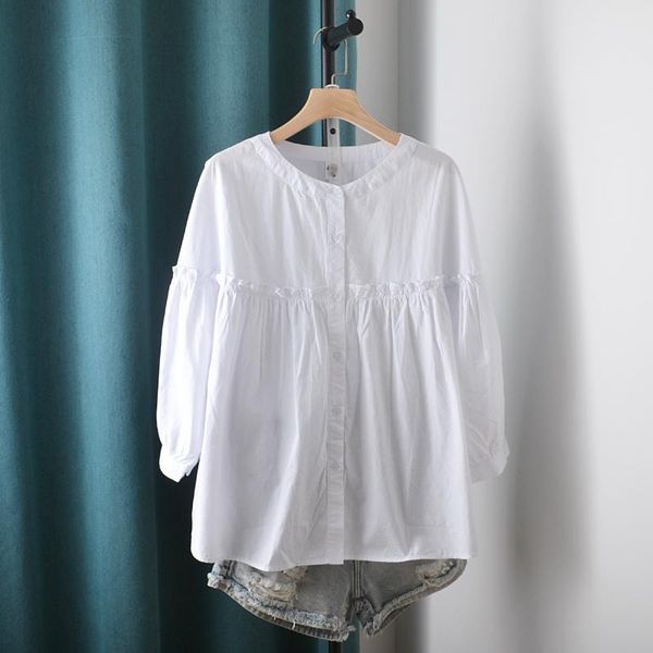 

women's blouses & shirts lamtrip unique 3/4 sleeve stand collar ruffles patchwork striped shirt blouse 2021 autumn, White