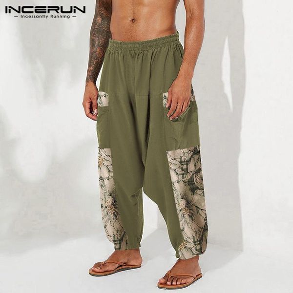

men pants print patchwork streetwear cotton joggers harem elastic waist vintage casual drop crotch trousers incerun men's, Black