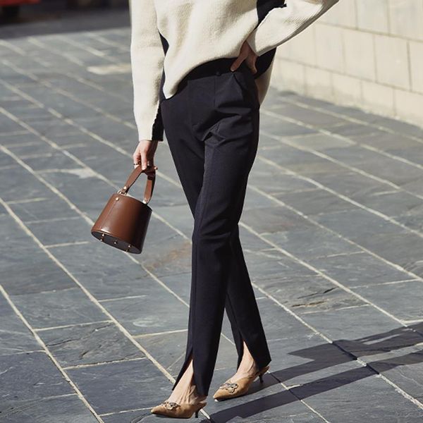 

women's pants & capris ael spring ladies black pencil bottom split casual simple slim elastic long trousers for women, Black;white