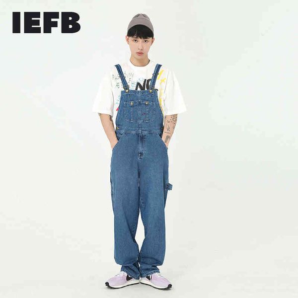 

iefb men's wear spring summer loose blue overalls front single big pockets denim toursers causal jumpsuit male 9y5095 210524