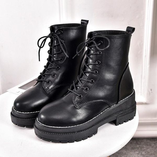 

boots winter women ankle autumn platform round toe shoes for woman ladies lace-up patent leather 2021, Black