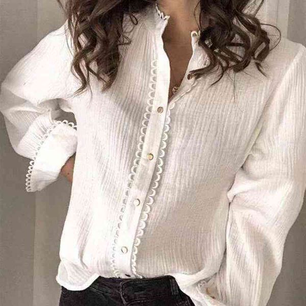 

women's knits & tees office lady white lace patchwork shirt blouses women round neck casual long sleeve spring loose work female t