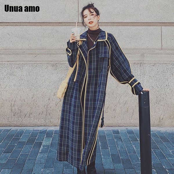 

unua amo plaid trench women spring double-breasted long overcoat 2021 streetwear fashion loose casual women's windbreaker coats, Tan;black