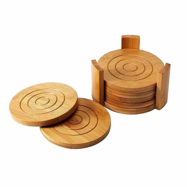 

mats & pads 6pcs bamboo wooden with holder, round cup coasters, tan