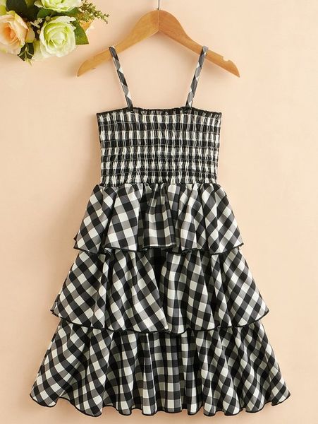 

girls gingham shirred layer hem cami dress she, Red;yellow