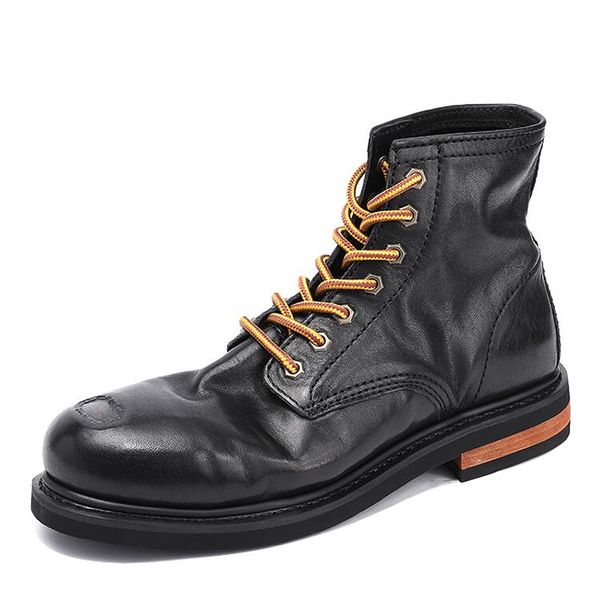 

steel toe men martin boots retro handmade mens motorcycle cowhide boot high trend men's tooling sneakers fashion shoes, Black
