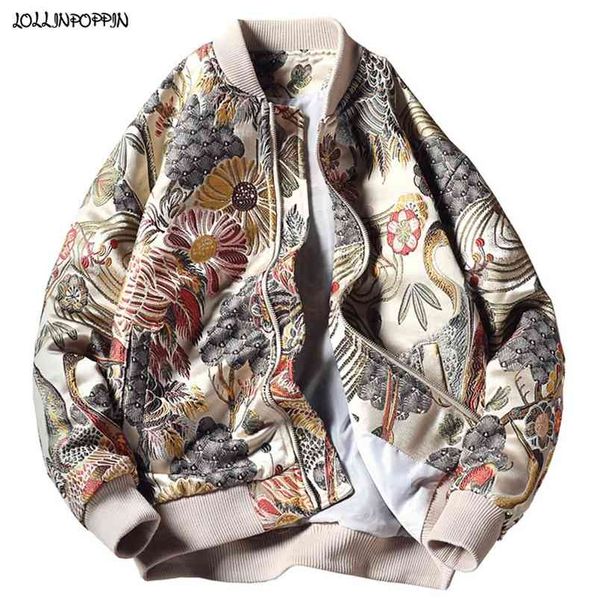 Japão Estilo Floral Guindaste Bordado Homens Bombardeiro Jaqueta Bege Stand Collar Streetwear Varside Baseball Casaco Plus Tamanho 210811