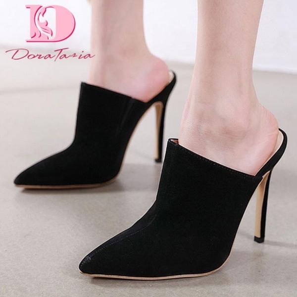 

dora tasia 2021 arrivals flock women mules sandals thin heels pointed toe pumps summer casual shoes, Black