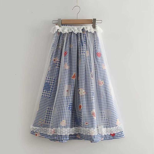 

skirts two pieces set cotton plaid women 2021 korean style high waisetd lolita print long summer splice gauze skirt rok hwpi, Black