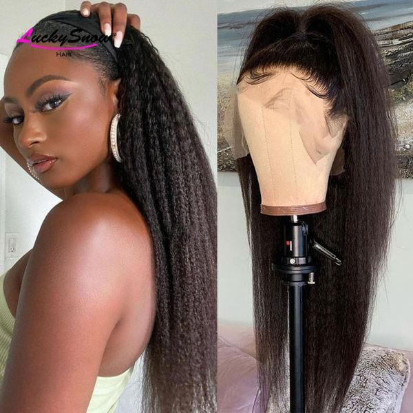 

lace wigs kinky straight front human hair for women preplucked brazilian remy yaki wig 4x4 closure, Black;brown