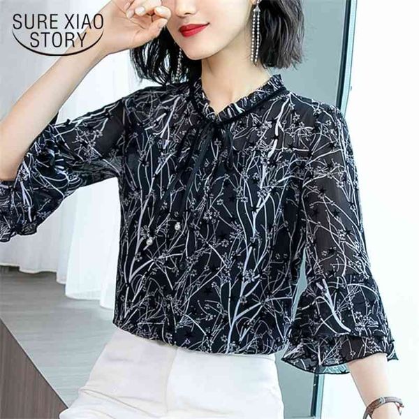 

women's summer blouses print chiffon blouse women shirts plus size womens and chemisier femme 4227 50 210506, White