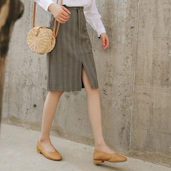 

skirts 2021 autumn fashion office lady casual elegant women bodycon high-waist plaid color block split girls school female skirt, Black